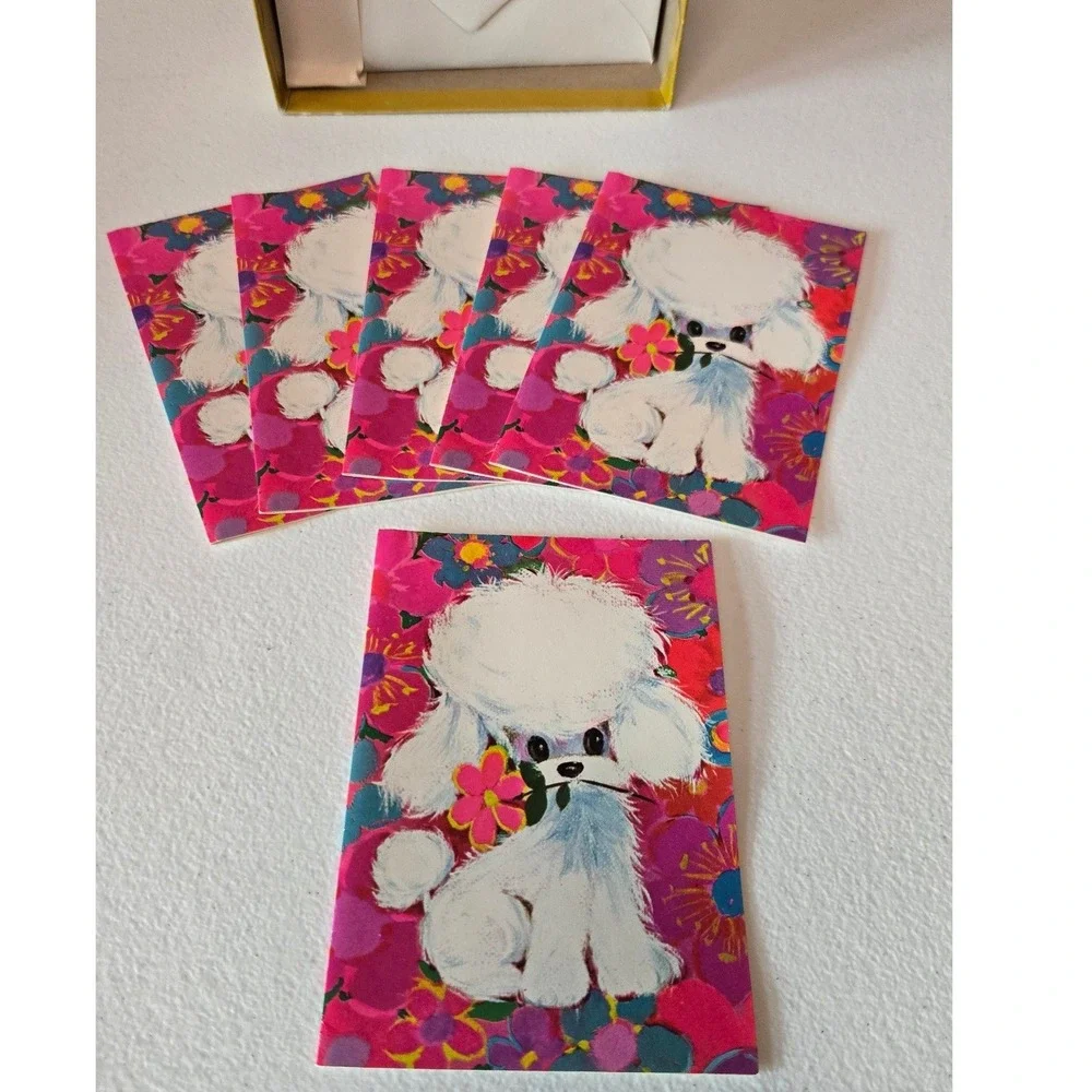 Vintage Rust Craft Cordials Poodle Note Cards Pink Floral 6 Cards Envelopes Box